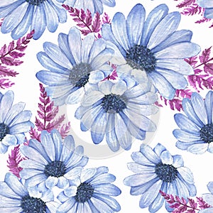 Floral seamless pattern 2. Blue watercolor flowers.