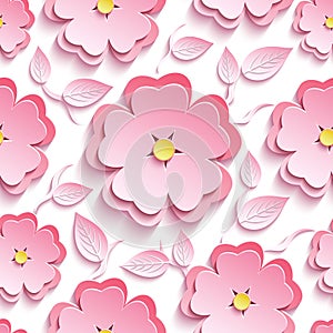 Floral seamless pattern with 3d sakura and leaves