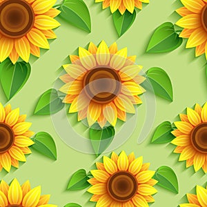 Floral seamless pattern with 3d sunflowers