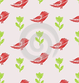 Floral Seamless Pattern with Abstract Birds and Flowers