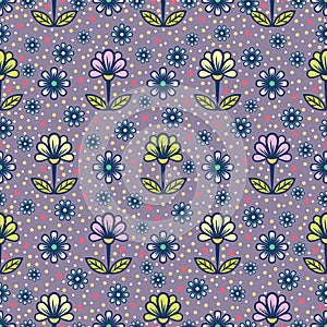 Floral seamless pattern, abstract colorful background. Cute multicolored flower with petals on stems with leaves on purple