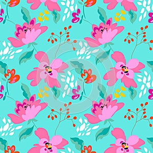 Floral seamless pattern with abstract flowers and leaves.
