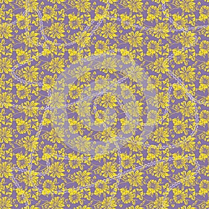 Floral seamless pattern with abstract leaves, flowers, petunias, daisies in yellow, lilac and white.