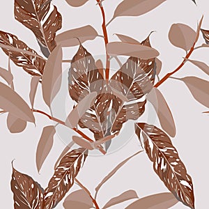 Floral seamless pattern, abstract tropical plant,brown leaves, on beige background.