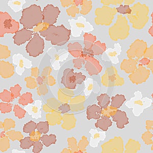 Floral seamless pattern of abstract watercolor flowers on gray background
