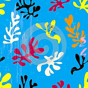 floral seamless pattern background, with abstract leaves, paint strokes and splashes, on blue