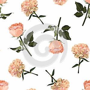 Floral seamless pattern, background design: garden peach, creamy, orange Rose, carnation flowers and green leaves.