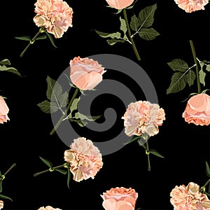Floral seamless pattern, background design: garden peach, creamy, orange Rose, clove, green leaves. Watercolor elegant.