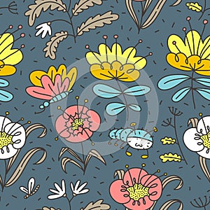 Floral seamless pattern. Background with flowers and leaves. Vector illustration with natural objects