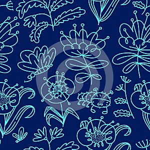 Floral seamless pattern. Background with flowers and leaves. Vector illustration with natural objects