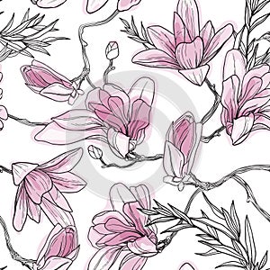 Floral seamless pattern background with hand drawn tropical japanese flowers, magnolia flowers, spring branches.