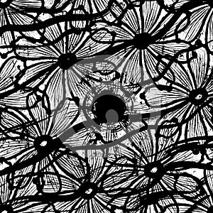 floral seamless pattern background, with paint strokes and splashes, black and white