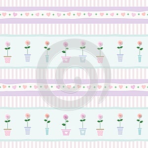 Floral seamless pattern background with roses in different flowerpots.