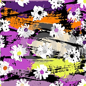 floral seamless pattern background  with small flowers  stripes  paint strokes and splashes