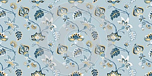 Floral seamless pattern, background. Whimsical flowers Jacobean style on a pastel blue background