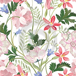 Floral seamless pattern. Beautiful spring summer background with tropical garden flowers, palm leaves. Gentle flower tile