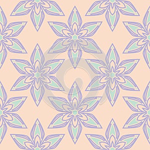 Floral seamless pattern. Beige background with violet and blue flower elements