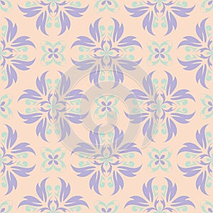 Floral seamless pattern. Beige background with violet and blue flower elements