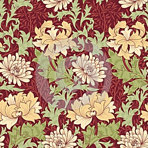 Floral seamless pattern with big flowers on burgundy background. Vector illustration.