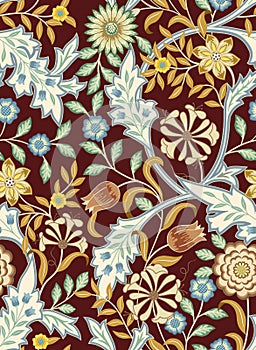 Floral seamless pattern with big flowers and foliage on dark brown background. Vector illustration.