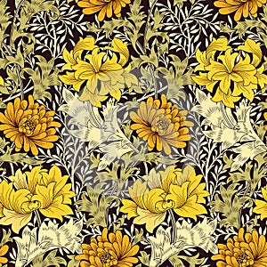 Floral seamless pattern with big golden flowers and foliage on dark background. Vector illustration.