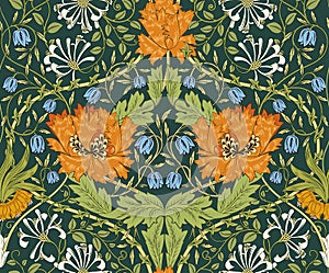 Floral seamless pattern with big orange flowers on dark green background. Vector illustration.