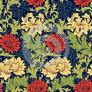 Floral seamless pattern with big red flowers on dark blue background. Classic colors. Vector illustration.