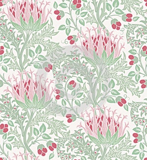 Floral seamless pattern with big red flowers and green foliage on light background. Pastel colors. Vector illustration.