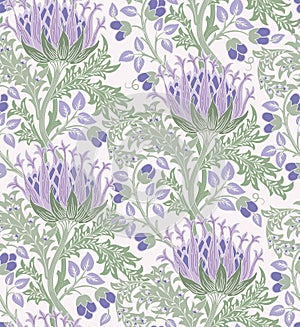 Floral seamless pattern with big violet flowers and green foliage on light background. Pastel colors. Vector