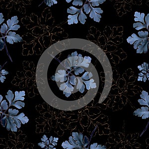 Floral seamless pattern on black background. Watercolor illustration with blue leaves and golden line. Botanic tile