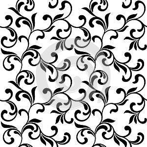 Floral seamless pattern. Black swirls and foliage isolated on a white background.