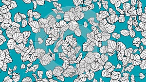 Floral seamless pattern, black and white Silver Dollar Eucalyptus leaves on blue, line art ink drawing