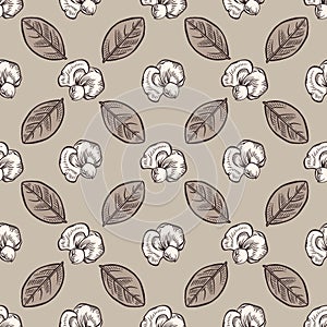 Floral seamless pattern. Black and white vector illustration with leaves and flowers.