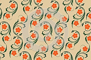 Floral seamless pattern blooming orange vector beige background