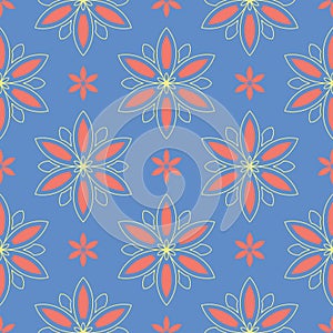 Floral seamless pattern. Blue background with colored flower elements
