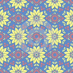 Floral seamless pattern. Blue background with colored flower elements