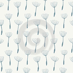 Floral seamless pattern with blue dandelion seeds on cream background. Isolated vector.