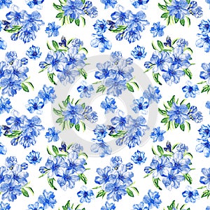 Floral seamless pattern with blue flowers - cherry blossom, sakura or apple tree. Floral seamless pattern. Watercolor