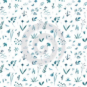 Floral seamless pattern of a blue flowers,herbs and insects.