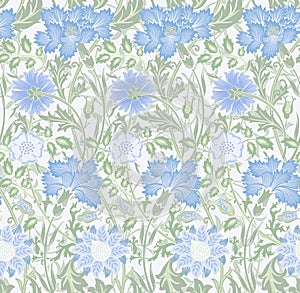 Floral seamless pattern of blue flowers on light background. Vector illustration.