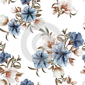 Floral seamless pattern with blue petunias and white hellebore