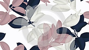 Floral seamless pattern, blue, pink and white Ficus Elastica / rubber plant on white