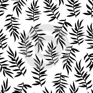 Floral seamless pattern with branches and leaves. Black silhouettes of doodle flowers.