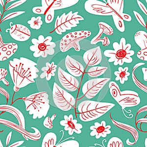 Floral seamless pattern with butterflies and bugs. Cute doodle s