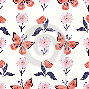 Floral seamless pattern with butterflies and flowers, folk style, decorative wallpaper