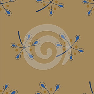 Floral seamless pattern in calm mustard autumn colors, made in vector. Cute branches with oval leaves with ceeds. Textile pattern