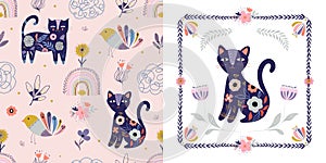 Floral seamless pattern and card design with cats, rainbows and birds, folk style