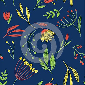 Floral seamless pattern. Color vector flowers illustration set. Pen or marker drawing sketch