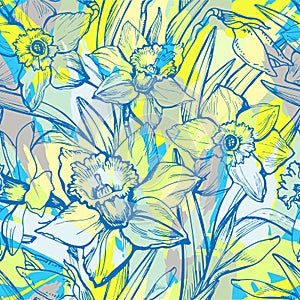 Floral seamless pattern with colored contours of flowers Daffodil