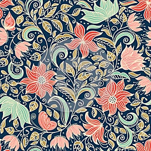 Floral seamless pattern. Colorful background wallpaper illustration with vintage summer flowers leaves and ornaments.